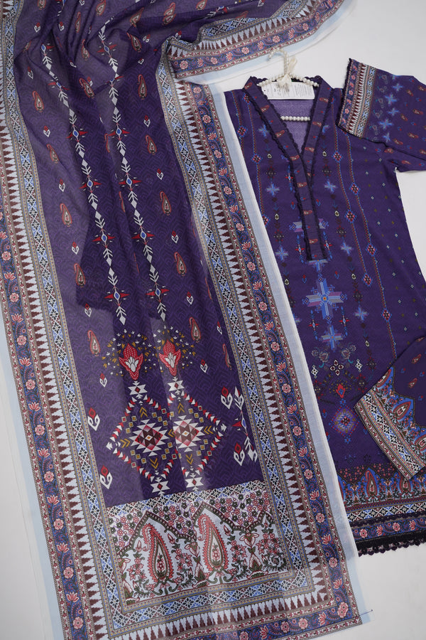 3pc luxury Crystal lawn with Printed Trouser and Premium voil Dupatta