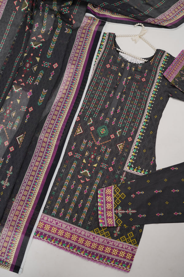 3pc Crystal Lawn Suit including Printed Trouser & Premium Voil Dupatta